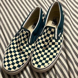 Vans Men's Teal and White Checkered Slip-Ons